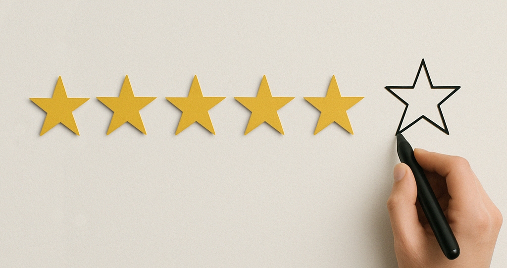 Five gold stars with a hand drawing the back outline of a sixth star.
